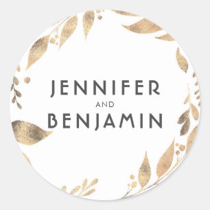 Sticker Rond Mariage Laurel Feuille blanc et or