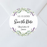 Sticker Rond Mariage Lavender eucalyptus Enregistrer la date<br><div class="desc">Un élégant arrière - plan blanc décoré de fleurs de lavande et de verdure d'eucalyptus. Personnalisez et ajoutez vos noms et votre date de mariage.</div>