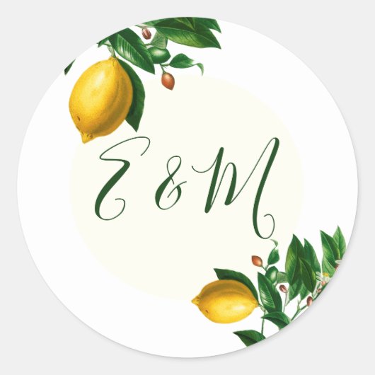 Sticker Rond Mariage Lemon Botanique Simple Monogramme Été (Devant)