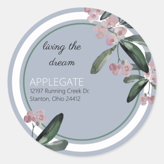 Sticker Rond Mariage Living the Dream Plum Foliage Adresse (Devant)