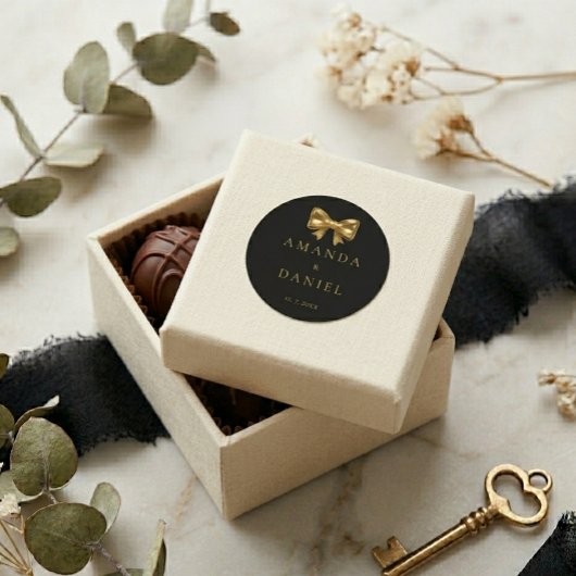 Sticker Rond Mariage Luxe Noir et Or  Ruban Doré