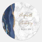 Sticker Rond Mariage Marbre Agate Bleu Nuit Or Script (Devant)
