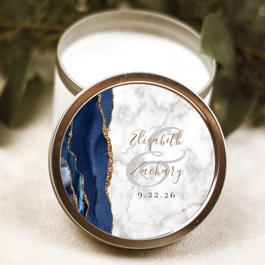 Sticker Rond Mariage Marbre Agate Bleu Nuit Or Script