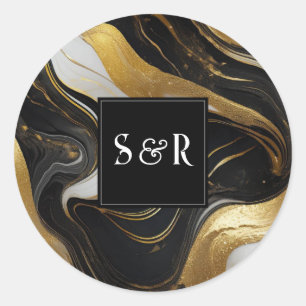 Sticker Rond Mariage marbré Monogram Faux Gold, noir & blanc