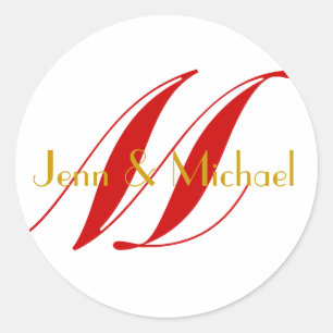 Sticker Rond Mariage marié Monogramme Sceau rouge et or