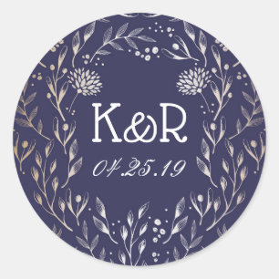 Sticker Rond Mariage Marine Blue et Gold Floral Garden
