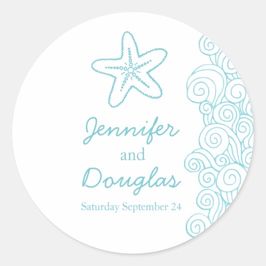 Sticker Rond Mariage mer étoile de plage vagues aqua autocollan (Devant)