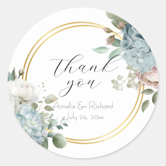 Sticker Rond Mariage "Merci" avec des Fleurs d'Hydrangea Bleu P (Devant)