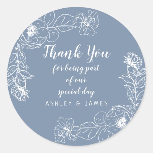 Sticker Rond Mariage Merci Blanc Floral Outline bleu (Devant)