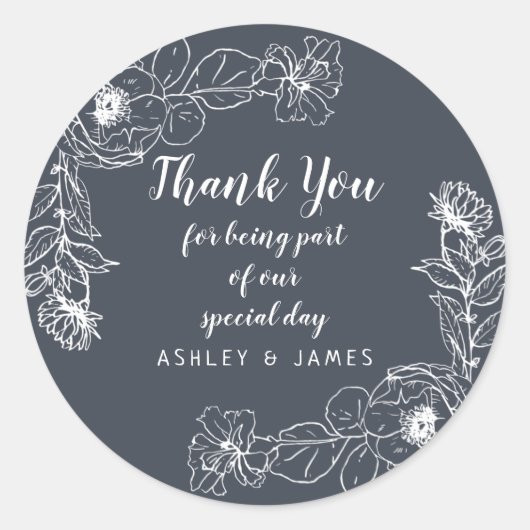 Sticker Rond Mariage Merci Blanc Floral Outline Bleu foncé (Devant)