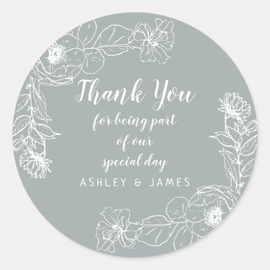 Sticker Rond Mariage Merci blanc Floral Outline Gris (Devant)