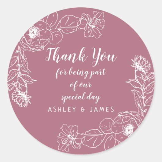 Sticker Rond Mariage Merci Blanc Floral Plan Cassis (Devant)
