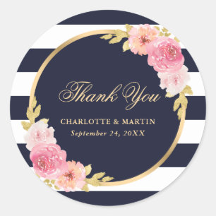 Sticker Rond Mariage Merci bleu bleu bleu or rose