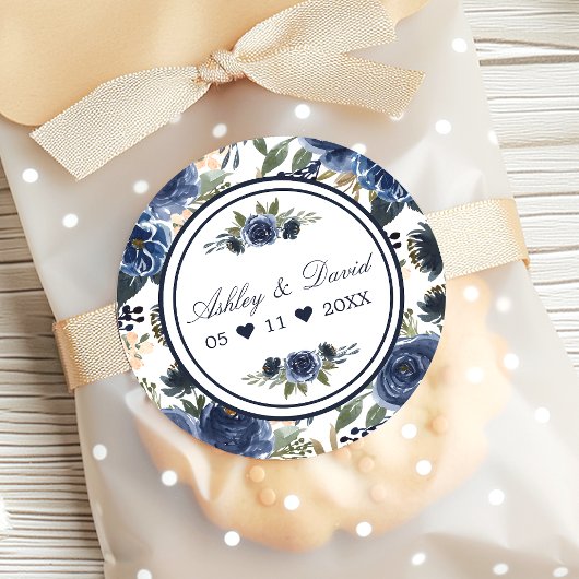 Sticker Rond Mariage Merci bleu marine Floral