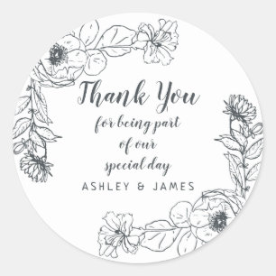 Sticker Rond Mariage Merci Floral Outline Noir Blanc