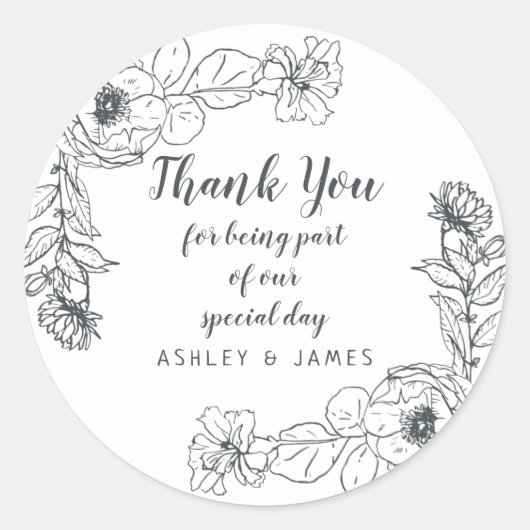 Sticker Rond Mariage Merci Floral Outline Noir Blanc (Devant)