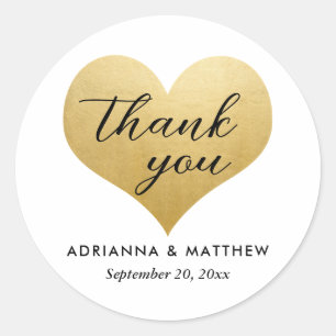 Sticker Rond Mariage Merci Script Faux Gold Foil Coeur