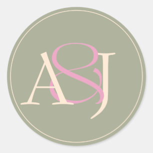 Sticker Rond Mariage minimaliste au vert sauge et rose monogram