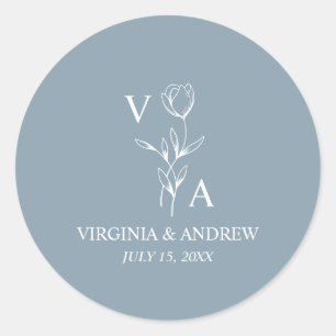 Sticker Rond Mariage Minimaliste Bleu Poussiéreux 