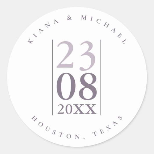Sticker Rond Mariage minimaliste Date Mauve ID889 (Devant)