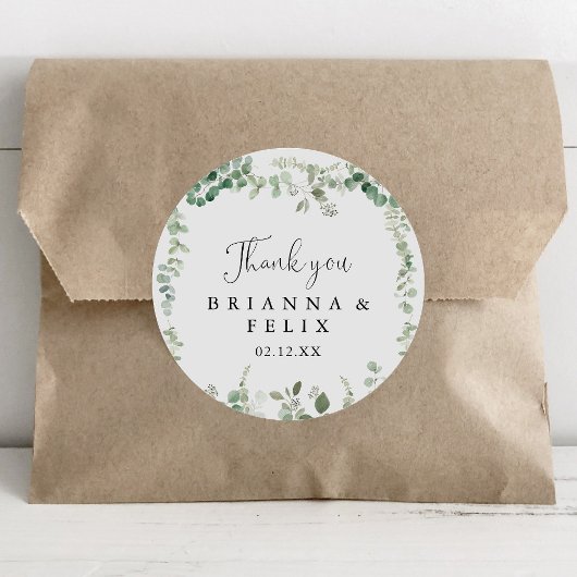 Sticker Rond Mariage minimaliste Eucalyptus Merci Faveur