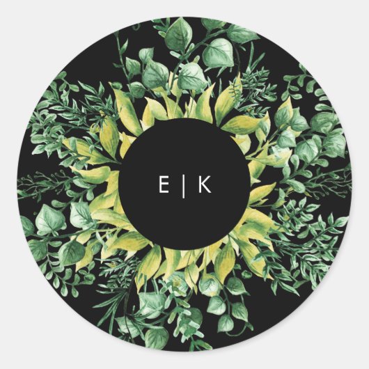 Sticker Rond Mariage moderne à feuilles fraîches vertes (Devant)