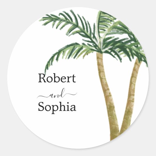 Sticker Rond Mariage Moderne à l'Aquarelle avec Palmier (Devant)