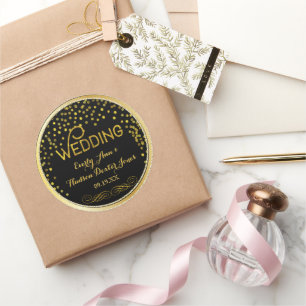 Sticker Rond Mariage Moderne avec Confettis Noir et Or