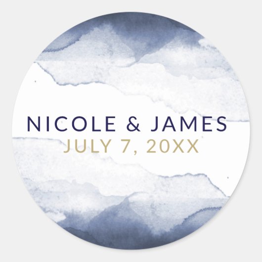 Sticker Rond Mariage Moderne Chic Bleu Nuit Aquarelle (Devant)