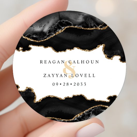 Sticker Rond Mariage Moderne en Marbre Agate Noir et Or