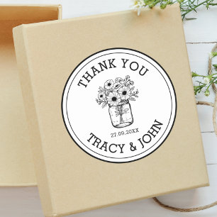 Sticker Rond Mariage Moderne Fleurs Personnalisées en Pot Mason