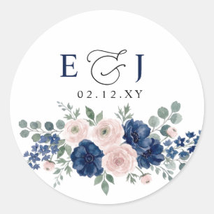 Sticker Rond Mariage Moderne Floral Bleu Marine et Blush