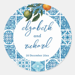 Sticker Rond Mariage moderne méditerranéen citron bleu carreaux