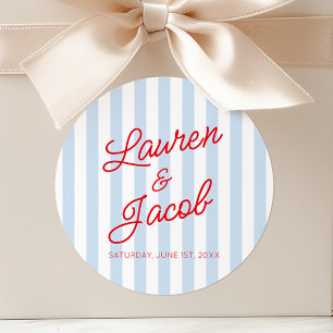 Sticker Rond Mariage Moderne Minimaliste Rayures Rouges et Bleu