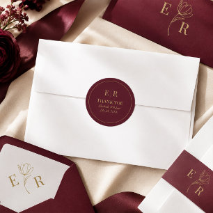 Sticker Rond Mariage Moderne Monogramme Or Bourgogne 