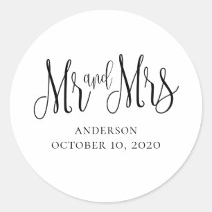 Sticker Rond Mariage moderne noir et blanc. M. et mme simple