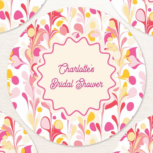 Sticker Rond Mariage Moderne Rétro Abstrait Vague Rose