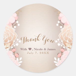 Sticker Rond Mariage Moderne Rose et Or Fleurs pour Toute Récep