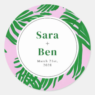 Sticker Rond Mariage moderne rose + palmier vert