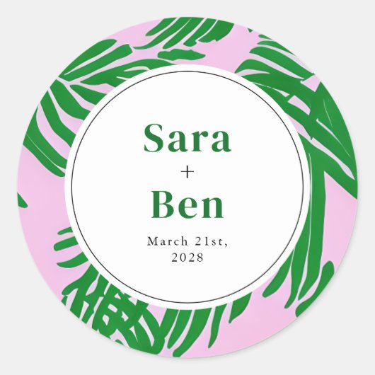 Sticker Rond Mariage moderne rose + palmier vert (Devant)