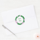 Sticker Rond Mariage moderne rose + palmier vert (Enveloppe)