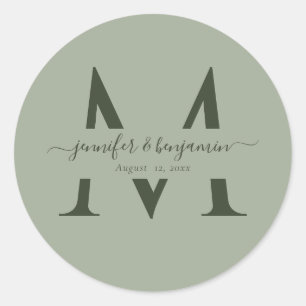 Sticker Rond Mariage moderne Sage Vert Monogramme Enveloppe Pho