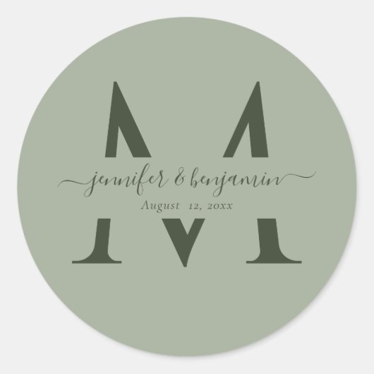 Sticker Rond Mariage moderne Sage Vert Monogramme Enveloppe Pho (Devant)