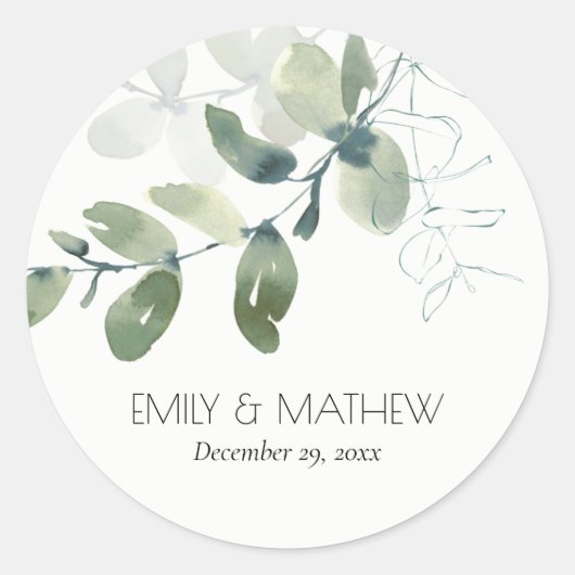 STICKER ROND MARIAGE MODERNE VERT EUCALYPTUS FOLIAGE EAU COULEU (Devant)