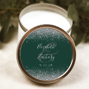 Sticker Rond Mariage Moderne Vert Foncé Bordure Pailletée Argen
