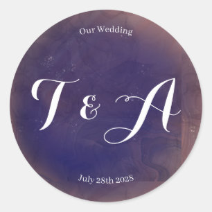 Sticker Rond Mariage Monogram Élégant violet