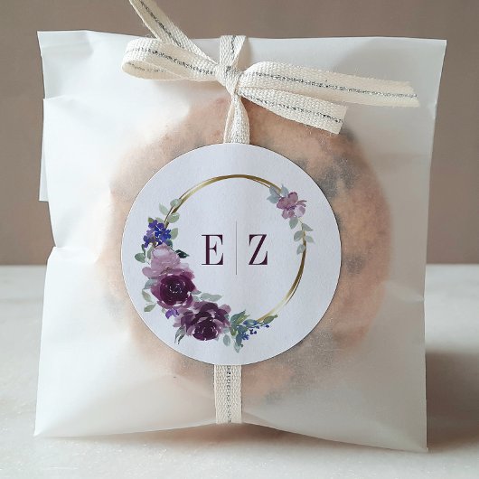 Sticker Rond Mariage Monogram Purple Floral Boho Gold Frame