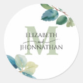 Sticker Rond Mariage monogrammé à eucalyptus vert (Devant)