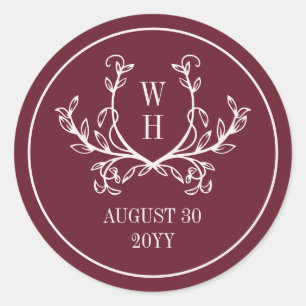 Sticker Rond Mariage Monogramme Alabaster et Bourgogne avec Ver