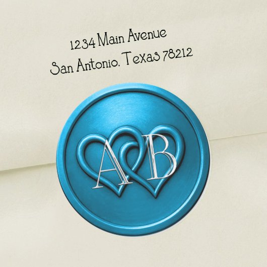 Sticker Rond Mariage Monogramme Argent Deux Cœurs Bleus